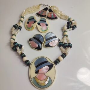 Vintage Art Deco Style Woman Portrait Necklace & Matching Earrings Set